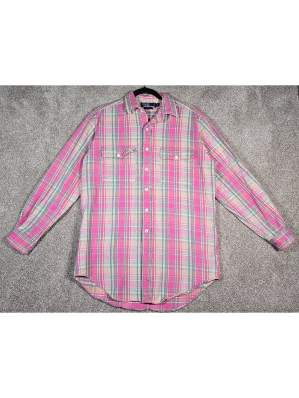 POLO Ralph Lauren Vtg Heavy Cotton Twill Shirt Pink Plaid Singapore Made Men's S